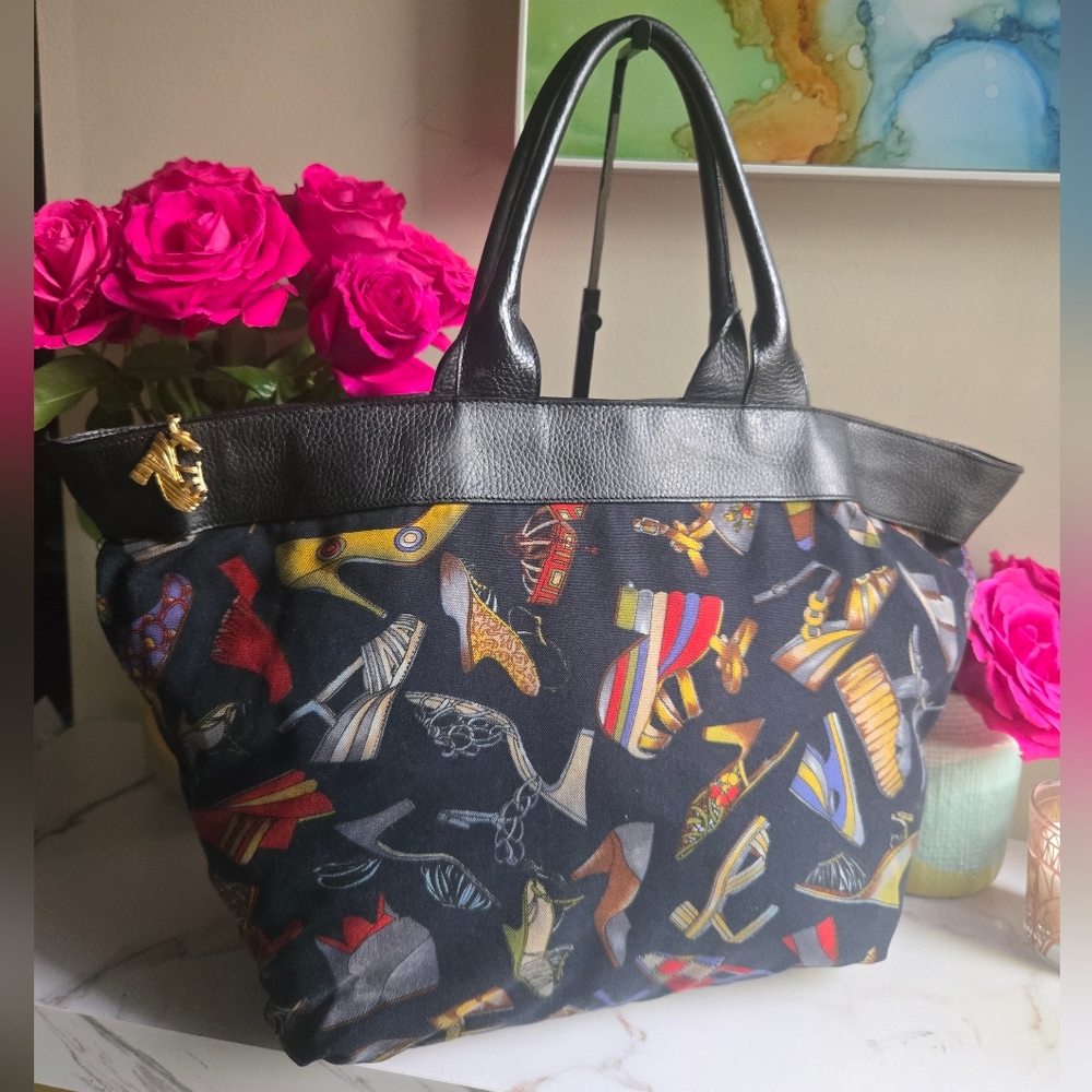 GUC Vintage Salvatore Ferragamo Summer Heel Canvas Tote Shoulder Bag - Picture 3 of 15